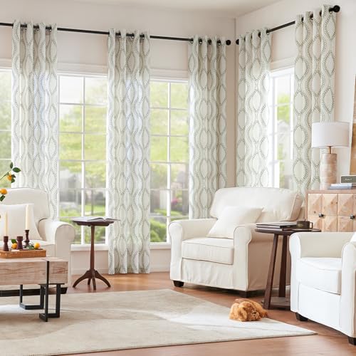 jinchan Boho Linen Curtains 63 Inch Green on Beige Grommet 2 Panels - color: Vine Green, size: 50"W x 63"L (Pack of 2)