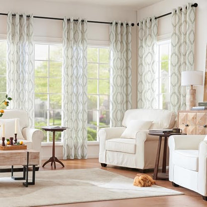 jinchan Boho Linen Curtains 63 Inch Green on Beige Grommet 2 Panels - color: Vine Green, size: 50"W x 96"L (Pack of 2)