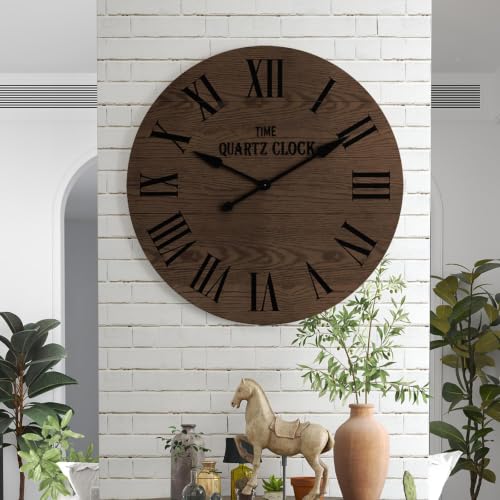 ARTPOWER 35.5" Extra Large Farmhouse Wall Clock,Solid Wood Veneer,Brown - color: Brown, size: 35.5"W x 35.5"H