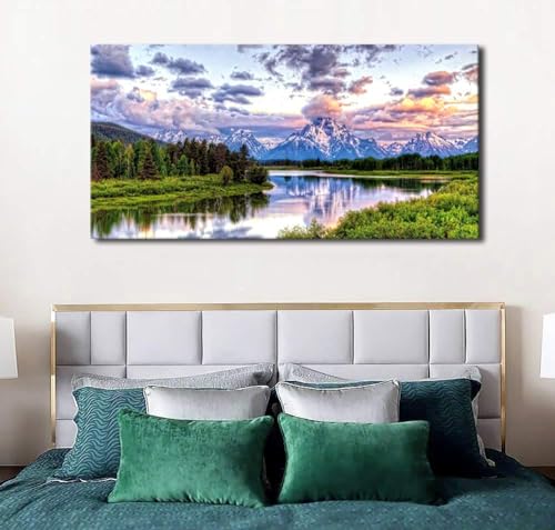Grand Teton Canvas Wall Art Oxbow Bend Mountain River Pictures, 29"x58" - color: National Park, size: 58"L x 29"W