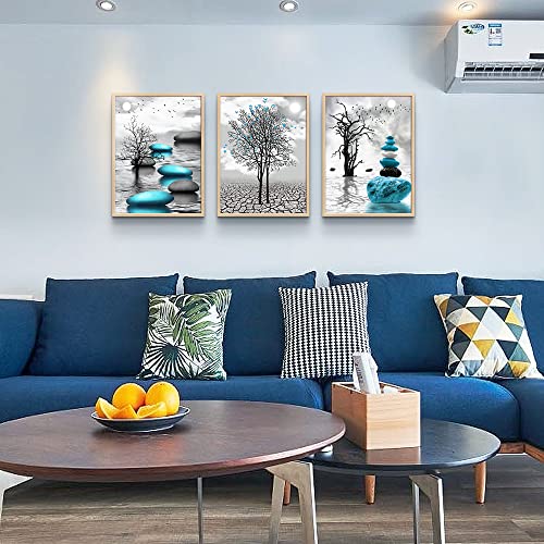 DZRWUBHS Framed Canvas Wall Art, 3pc 12x16in Natural Wood, Abstract Blue Prints, Ready to Hang, Bathroom, Bedroom, Kitchen, Living Room Decor - color: Blue Stone Pictures Natural Wood Framed, size: 12x16inches*3pcs