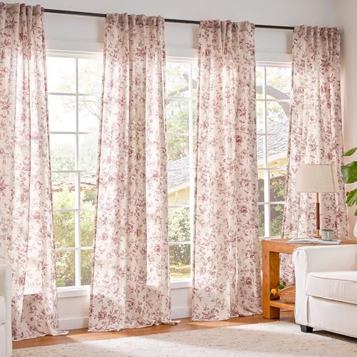 jinchan Custom Size Curtain Maroon Floral Linen Curtain Back Tab 1 Panel - color: Amlie Maroon, size: Custom