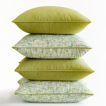 a moment Green 4 Pack Throw Pillow Covers - Chenille & Velvet Set with Piping, Farmhouse Textured Design Pillow Cases for Couch Sofa Bed Livingroom (20x20 Inch, No Insert) - color: Green, size: 20" x 20" (Pack of 4)
