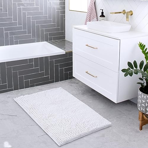 FRESHMINT Chenille Bathroom Rugs Mat 24"x17", Non-Slip Bath Mat for Bathroom Floor, Washable Soft Thick Water Absorbent Microfiber Shower Mat, White - color: White, size: 1'5" x 2' (Rectangular)