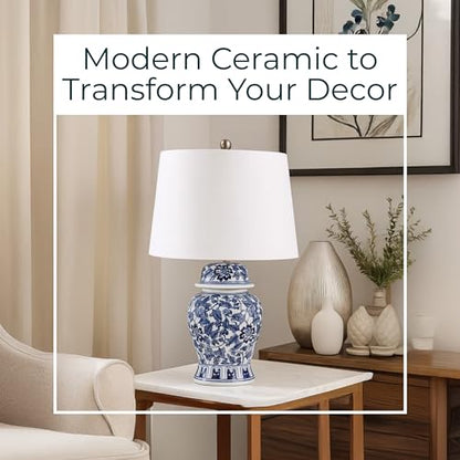 Temple Jar Accent Table Lamp with Blue & White Floral Pattern – Ceramic Stoneware Decorative Lamp with White Lampshade – Elegant Home Decor for Any Room, 14"x25"