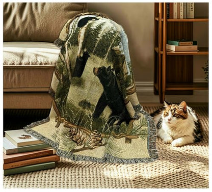 Log Cabin Bear Family Woven Tapestry Throw Blanket 50"x60" - color: Bear Family