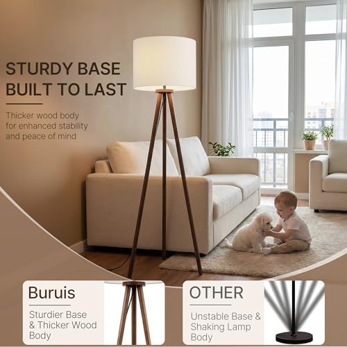 Buruis 60.6 Inch Walnut Wood Tripod Floor Lamp with Linen Drum Shade, Cream - color: Cream