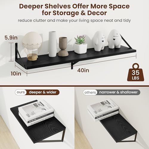 Axeman Deep Floating Shelves, 40'' x 10'' Black Wall Shelves Set of 2 - color: Black, size: 40W x 10D