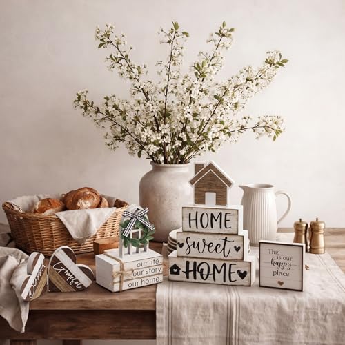 11 Pcs Farmhouse Table Decorations Farmhouse Tiered Tray Decor Set Stack Signs Wooden Heart Rustic Sweet Home Tiered Tray Decor for Kitchen Table Shelf - style: Farmhouse