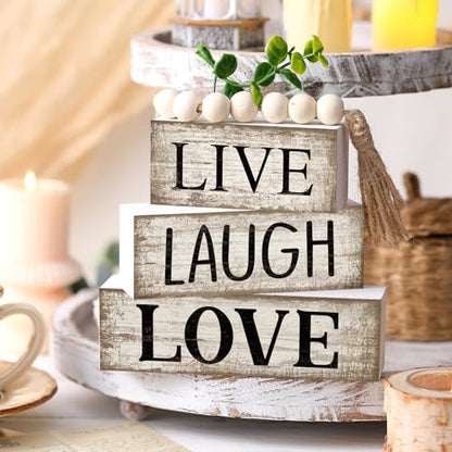 Yuntau 5 Pcs Rustic Farmhouse Table Decor Stacked Wooden Block Sign - style: Love