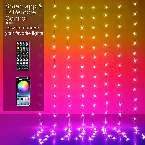 LED Curtain Lights, 8ft x 6ft 144 LED RGB Color Changing String Fairy Lights Curtain with Smart APP Control, Music &Voice Sync for Bedroom Backdrop Wall Indoor Outdoor Christmas Decorations - size: 144-LED RGB 6ft x 8ft