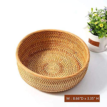 Hadewoven Round Rattan Fruit Basket Wicker Food Tray Weaving Storage Holder Dinning Room Bowl, 9 Inch Woven Bread Basket Key Bowls with 3.5”Wall for Table, Countertop (Medium 8.66") - size: Medium 8.66"