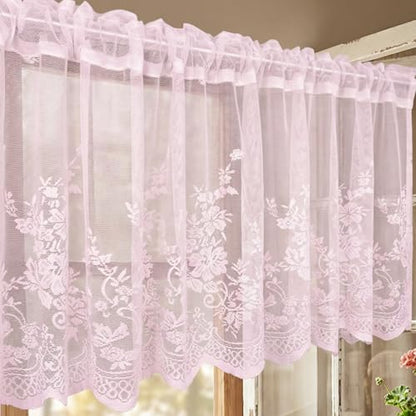 Molaxhome Kitchen Curtains Valance Pink Lace Floral Semi Sheer Curtain - color: Pink, size: 54"W x 24"L (Pack of 1)