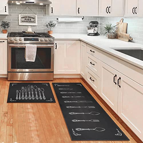 Kitchen Rugs and Mats Set of 2, Non Slip Washable Kitchen Runner Rug, Vintage Silverware Black Kitchen Floor Mats, Absorbent Farmhouse Kitchen Rug Set for Sink, Laundry Room, Entryway, 17"x30"+17"x47" - color: Black