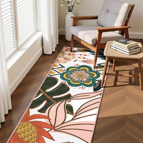 Tyrot Boho Floral 2x6 Washable Kitchen & Hallway Runner Rug Ultra-Thin Flat Woven Low Pile Botanical Runner Rug Non-Slip Indoor Runner for Entryway, Laundry, Bathroom and Bedroom, Blush Pink - color: Blush Pearl, size: 2' x 6' (Runner)
