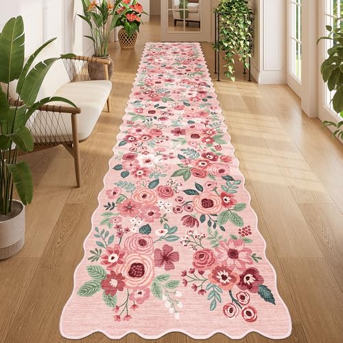 DUKINO 2.6x12 Washable Runner Rug, Floral Non Slip Long Kitchen Rug, Pink - color: Pink (Big), size: 2'6" x 12' (Rectangular)