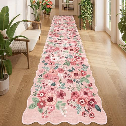 DUKINO 2.6x12 Washable Runner Rug, Floral Non Slip Long Kitchen Rug, Pink - color: Pink (Big), size: 2'6" x 12' (Rectangular)