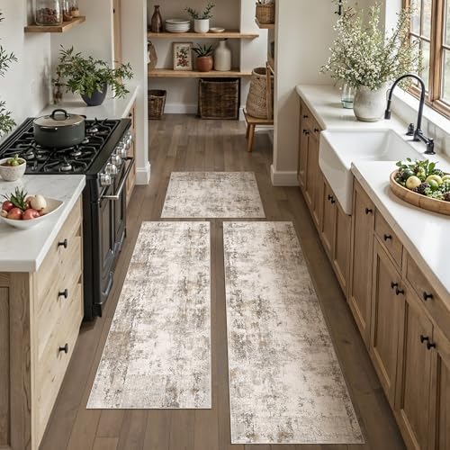 Washable Brown Grey Neutral Kitchen Runner Rug Set of 3 - color: Abstract | Brown Grey, size: 20"x32"+20"x48"+20"x59"