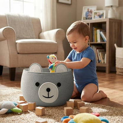 CherryNow Large Baby Basket for Gifts Empty, Cute Bear Design, Light Grey - color: Light Grey, size: 15.7"D x 10.5"H