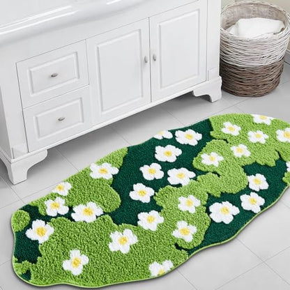 Cute Green Floral Bathroom Runner Rugs Extra Long Bath Mat 24''W x 60''L Non Slip Washable, Modern Chic Boho Aesthetic Trendy Funky Grass Throw Runner Rugs for Kitchen Bedroom Entryway - size: 24''W x 60''L