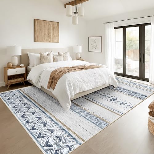 6x9 Washable Area Rugs for Living Room Boho Bedroom Rug Blue/Brown - color: Blue/Brown, size: 6' x 9' (Rectangular)