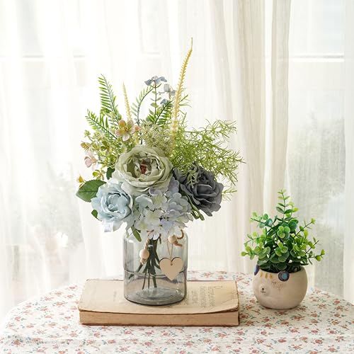 Fake Summer Flowers with Vase, Artificial Blue Dahlia & Rose Arrangement - color: Blue & Green