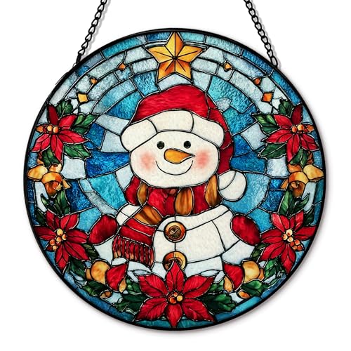 Snowman Christmas Suncatcher Stained Glass Garden Window Hanging, Winter Snowman Xmas Flower Sun Catchers Indoor Window Glass Round Wall Decor, Christmas Wall Art Hanging Decorations, 7.8＂x7.8＂ - color: Christmas_4