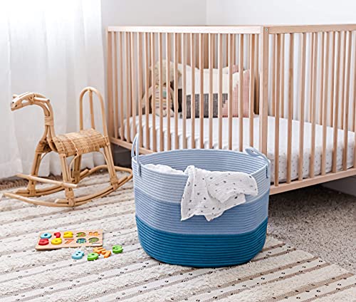 OrganiHaus Round Toy Basket & Blanket Basket, Cotton Rope 20x13" - color: 3-toned Blue, size: Wide