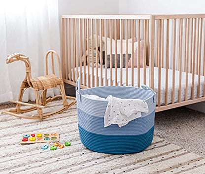 OrganiHaus Round Toy Basket & Blanket Basket, Cotton Rope 20x13" - color: 3-toned Blue, size: Wide