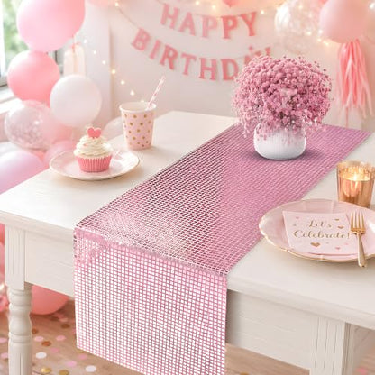 Disco Party Decorations - Pink Glitter Disco Table Runner - color: Pink Sequin Glitter