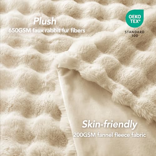 L'AGRATY Faux Rabbit Fur Throw Blanket for Couch, 90'' x 90'' Almond White - color: Almond White, size: 90" x 90"