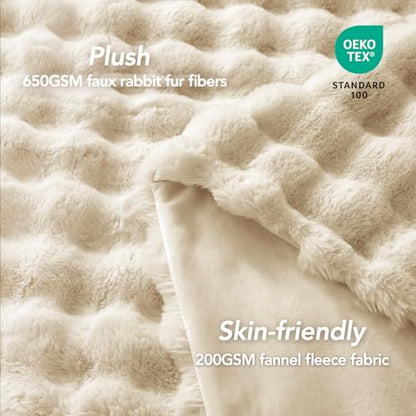 L'AGRATY Faux Rabbit Fur Throw Blanket for Couch, 90'' x 90'' Almond White - color: Almond White, size: 90" x 90"