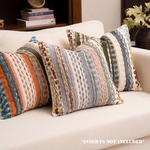 Boho Chenille Tufted Throw Pillow Covers 18x18 Inch Set of 2 Farmhouse Colorful Woven Striped Decorative Pillowcases for Couch Sofa Bed - color: Colorful