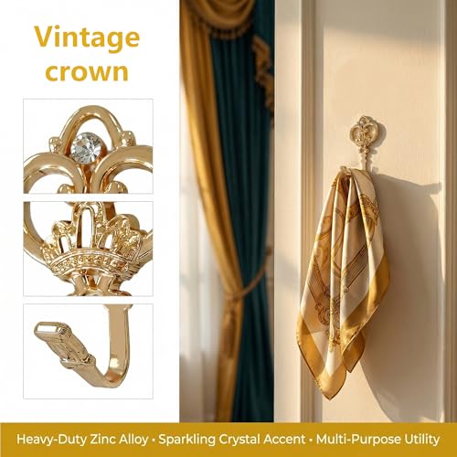 4 Pack Gold Crown Curtain Holdbacks, Heavy Duty Metal Wall Hooks for Hanging Drapes, Coats, Hats & Towels, Vintage Rustic Decor for Living Room, Bedroom, Entryway - color: Gold, size: 4PCS