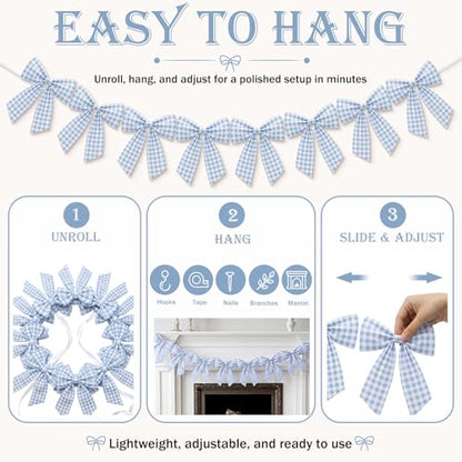 Flutesan 8 Ft Sky Blue Gingham Bow Garland Fabric Banner Farmhouse Decor - color: Sky Blue, style: Gingham