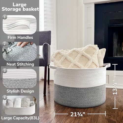 Goodpick Woven Blanket Basket Living Room, Toy Bin for Playroom, 85L - color: Light Grey, size: 21.7x21.7x13.8 Inch (Pack of 1)