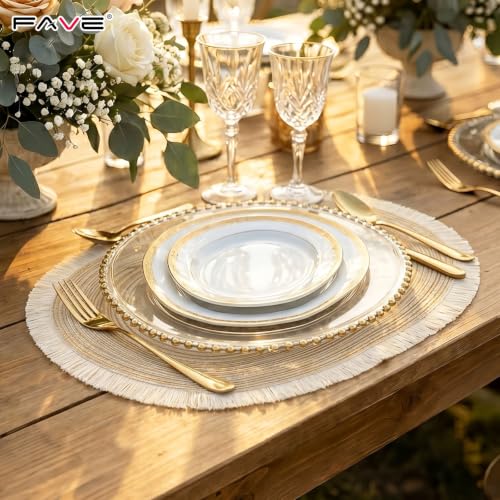 FAVE Boho Oval Woven Placemats Set of 6, Washable Table Mats with Tassels - color: Beige