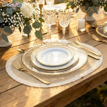 FAVE Boho Oval Woven Placemats Set of 6, Washable Table Mats with Tassels - color: Beige