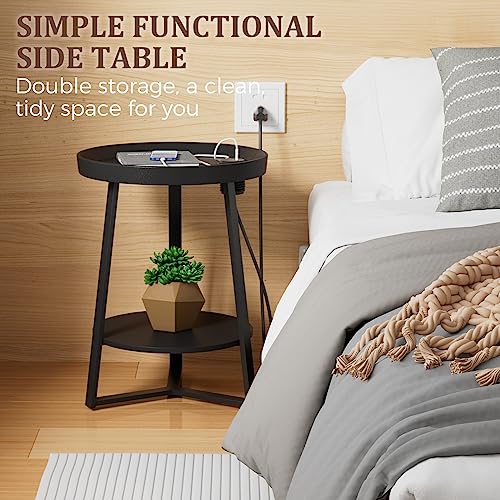 Gadroad Round End Table with Charging Station, Black - color: Black, size: 15.75"D x 15.75"W x 23"H (with Charging Station)