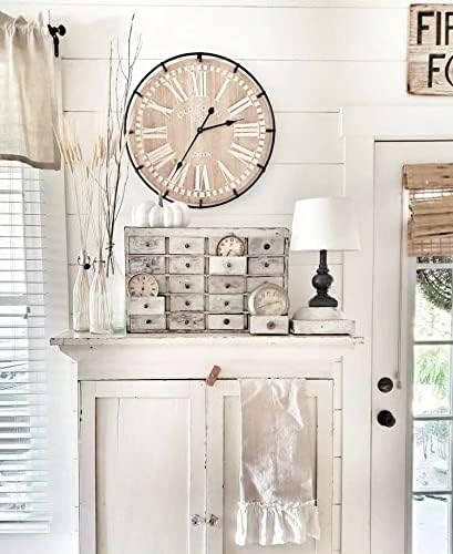 EMAX HOME 24 Inch Large Farmhouse Wall Clock, Rustic Antique Wood with Metal Circle and Large Engraved Numerals, Silent Battery Operated Wall Clock for Office Kitchen Bedroom Living Room - color: Brown, size: 24 Inch Roman numerals