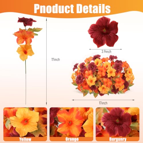 Uieke 24PCS Faux Petunias Artificial Fall Flowers Uv Resistant for Outdoors - color: Burgundy & Orange & Yellow
