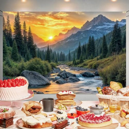Mountain River Sunset Backdrop Nature Landscape Photography Background Cloth, Scenic Outdoor Forest Wall Hanging Tapestry for Photo Studio, Party Décor 7x5ft (82.6 x 59 Inch) - size: 82.6 x 59 Inch