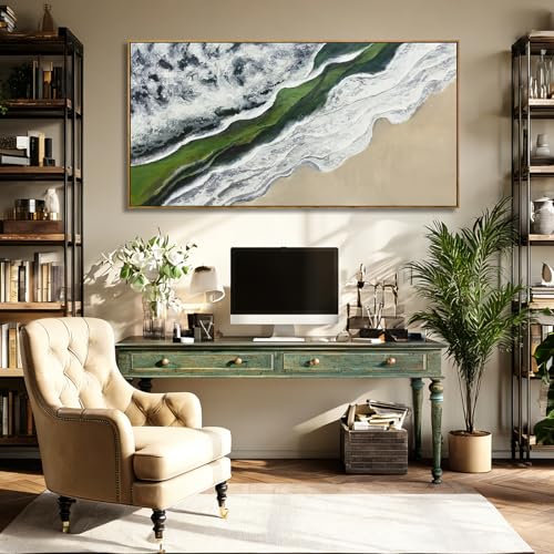 Sage Green Wall Art Abstract White Green Beach Wave Wall Decor Framed Canvas Prints Posters Pictures Artwork 24"x48" Ready to Hang - color: White and Green, size: 48"L x 24"W