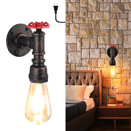Water Pipe Wall Lights Vintage Steampunk Wall Light Fixture with Plug in Cord Wall Sconce for Barn Stair Small Wall Lamps E26 Industrial Farmhouse Cafe Garage Wall Mounted Lighting with Switch - color: Water Pipe Wall Light-A
