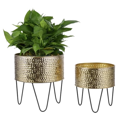 MyGift Modern Brass Metal Plant Containers with Matte Black Stands, 2 Pc