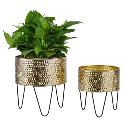 MyGift Modern Brass Metal Plant Containers with Matte Black Stands, 2 Pc