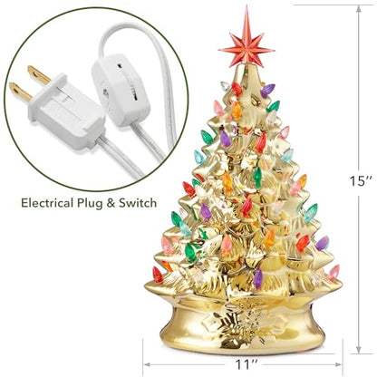 Casafield Hand Painted Ceramic Christmas Tree, Gold 15-Inch Pre-Lit Tree with 128 Multi Color Lights and 2 Star Toppers - color: Gold