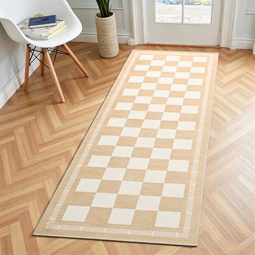 Vasofe 2x6 Runner Rug for Hallway, Checkered Jute Runner Rugs, Washable Rug - color: Khaki & White, size: 2' x 6' (Rectangular)