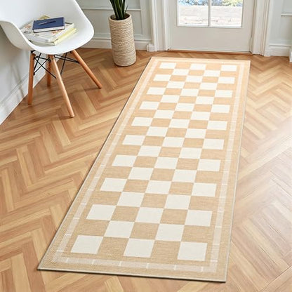 Vasofe 2x6 Runner Rug for Hallway, Checkered Jute Runner Rugs, Washable Rug - color: Khaki & White, size: 2' x 6' (Rectangular)