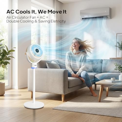 ROVSUN Standing Fan for Bedroom, 120°+90°Omni-directional Oscillating Fan, 40" Air Circulator, Pedestal & Tabletop Fan with Adjustable Height, Remote, LED Display, 3-Speed and 12H Timer, White - color: White-40"